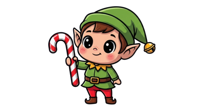 Cute cartoon Christmas Elf holding a candy cane isolated PNG with Transparent Background