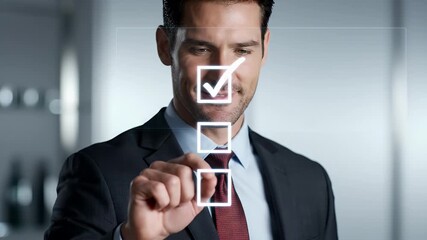 Smiling Businessman in Dark Suit with Red Tie Interacting with Digital Checkbox Display in Bright Modern Office Setting with Futuristic Technology - Powered by Adobe