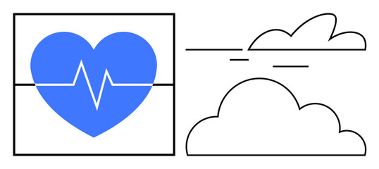 Blue heart with ECG line beside minimalist clouds representing health, wellness, sustainability, environment, vitality, connection, and simplicity. Ideal for healthcare, environment and digital