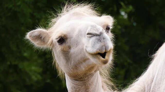 Close up of camel head with very little hair ona sunny spring day