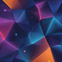 Abstract geometric background with colorful triangles and glowing particles in dark blue space