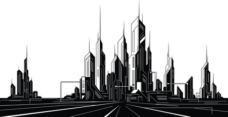 Futuristic cityscape with geometric skyscrapers, monochrome sci-fi skyline, advanced architecture, empty road, digital art, modern urban environment, high-tech vision © MdMahmudul