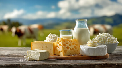 Variety of fresh dairy products on a rustic table with cows in a green pasture
