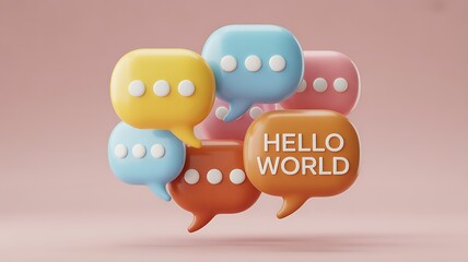 3d render of colorful chat bubbles with hello world message on a pink background