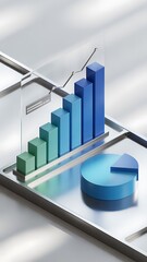 3d bar chart and pie chart showing upward trend and data analysis on a white background