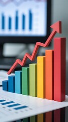 A 3d bar chart with a red arrow indicating upward trend on a desk with financial reports