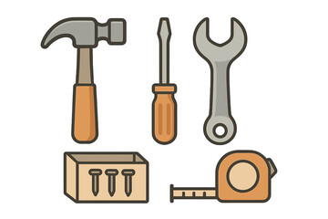 Essential construction and repair tools set featuring hammer screwdriver wrench and tape measure
