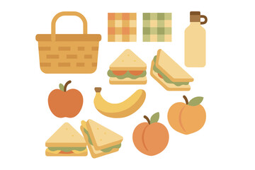 Summer picnic essentials set with basket, sandwiches, fruit, and beverage bottle