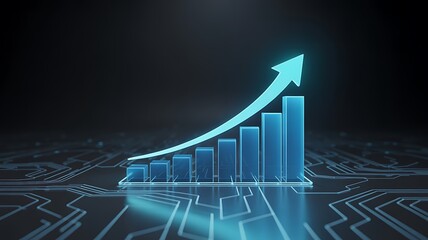 Glowing blue bar graph with upward arrow on a dark technological background, symbolizing growth and success