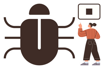 Large bug represents an error, woman pointing at screen suggests problem diagnosis. Ideal for error detection, debugging, QA testing, programming, coding, software analysis, simple flat metaphor