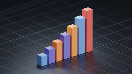 A colorful bar graph showing upward trend and growth on a dark grid background