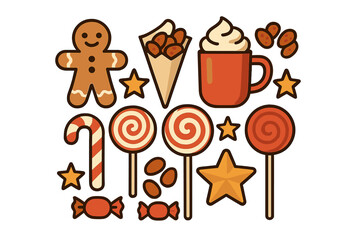 Collection of Christmas holiday treats including gingerbread, lollipops, and hot cocoa