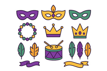 Traditional Mardi Gras carnival celebration elements featuring masks crowns beads feathers drum and ribbons
