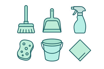 Household cleaning tools and supplies set with broom dustpan bucket and spray bottle