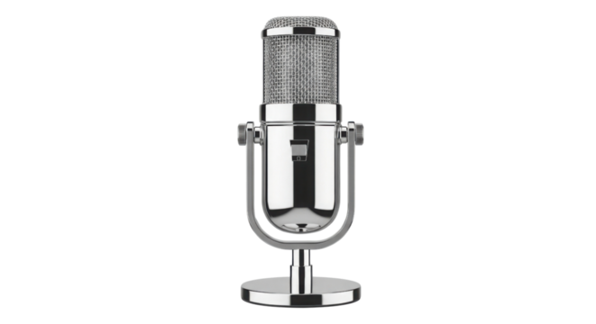 Chrome microphone on a stand for studio recording isolated PNG with Transparent Background