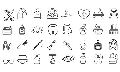 Naklejka premium Beauty and spa line icon set. Collection of cosmetic and wellness icons for web and mobile apps. Includes skincare, massage, serum, hyaluronic acid, anti-aging treatments, pore care, and cosmetology e