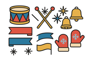 Festive holiday celebration elements including drum, bells, mittens, ribbons, and stars