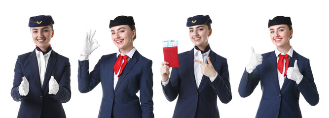 Stewardess in uniform on white background, collection of portraits