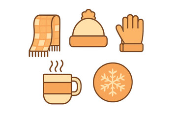 Warm winter essentials set including knitted hat scarf glove hot drink and snowflake symbol