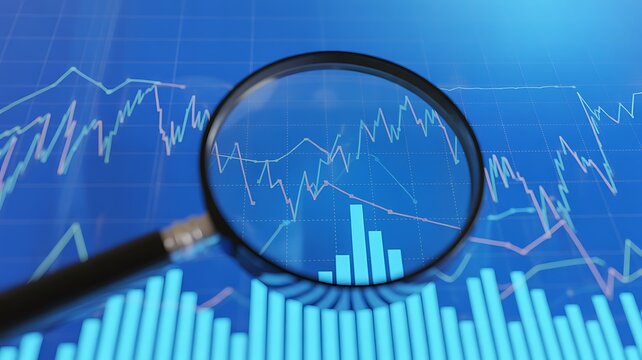 Closeup of a magnifying glass examining a financial stock market graph with bar and line charts