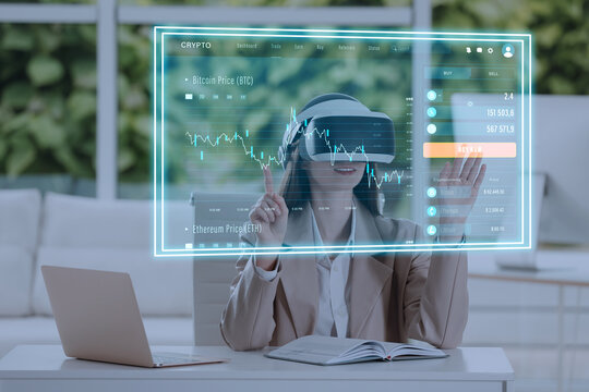 Woman using digital screen with data via virtual reality headset in office. Innovative technology for business