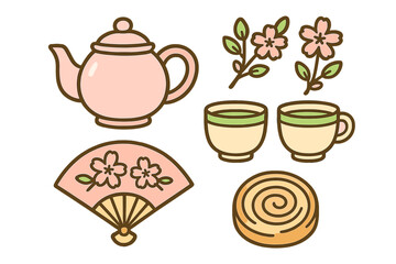 Traditional Japanese tea set with pink teapot, teacups, cherry blossoms, and folding fan