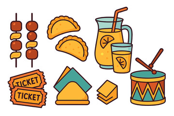 Colorful collection of street festival elements, food, drinks, and musical instruments
