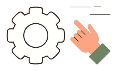 Hand pointing towards gear alongside lines suggesting user selection, technology, preferences, or customization. Ideal for settings, technology, user interface, control, configuration choice simple