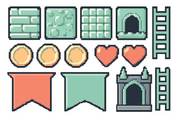 Retro video game assets featuring collectible coins hearts banners ladders and ground tiles