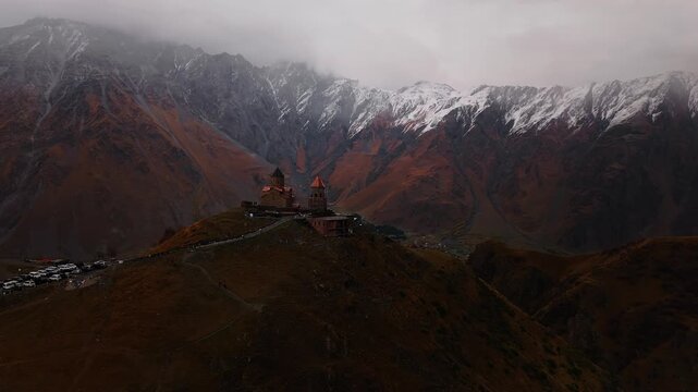 Historic Gergeti Trinity Church on a hill