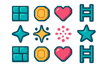 Retro pixel art game assets including heart, coin, ladder, block, and sparkling stars