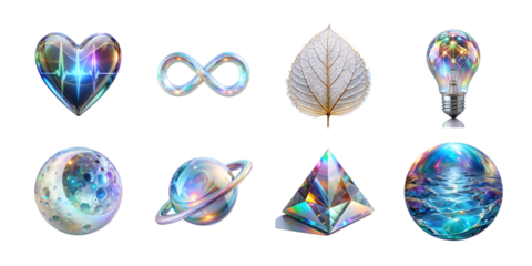 Collection of holographic icons isolated on transparent background, heart and infinity