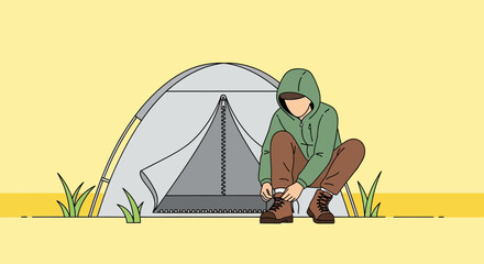 Obraz premium Camping Preparation: A Person Adjusting Boots Before Adventuring Outdoors At Campsite