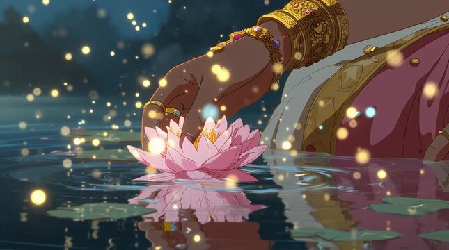 Animated close-up of Goddess Lakshmi placing a glowing lotus near Lord Vishnu&rsquo;s hand, with star-like reflections shimmering softly across their divine forms.
