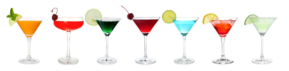 Different alcohol cocktails isolated on white, set
