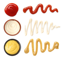 Mustard, mayonnaise and ketchup on white background, set. Top view