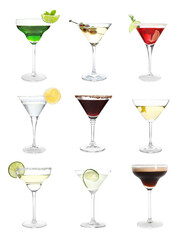 Different alcohol cocktails isolated on white, set
