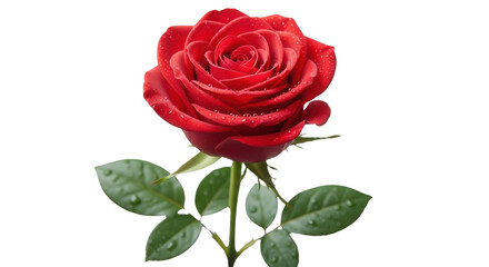 Fototapeta premium Single red rose with water droplets on petals and leaves isolated PNG with Transparent Background