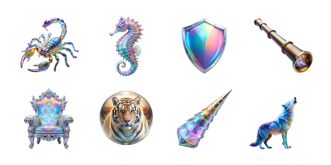 Holographic icons isolated on transparent background, scorpion, seahorse and telescope