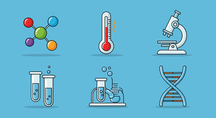 Illustrated science tools and elements symbolizing scientific research and discoveries exploration