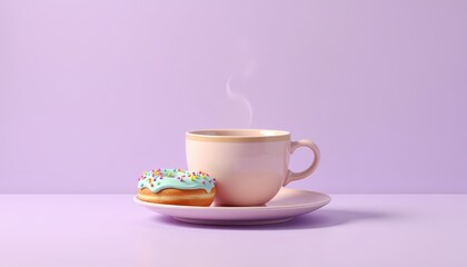 Hot coffee cup and colorful donut on plate against purple background