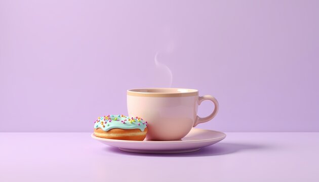 Hot coffee cup and colorful donut on plate against purple background   - Powered by Adobe