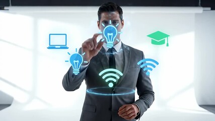 Businessman in Gray Suit Gesturing Towards Educational Icons on White Background - Powered by Adobe