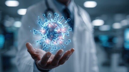 Medical professional in white coat holds a glowing virus model in hand, showcasing advanced technology and scientific research in a modern laboratory environment