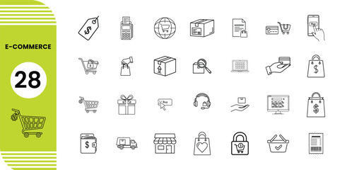Hand drawn icons representing e commerce and online shopping concepts in a simple sketch style
