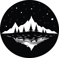 Christmas winter night mountain landscape with snowy trees and stars vector illustration