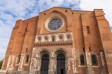 Pediment of the Basilica of Saint-Sernin, Place Saint-Sernin, in autumn, in Toulouse, Occitania,...