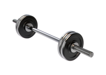 Silver barbell with black weights isolated on a transparent background