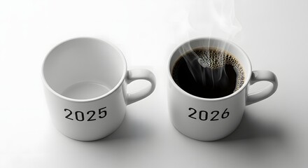 Two coffee mugs symbolizing future years with one empty and one full of steaming coffee 2025 2026