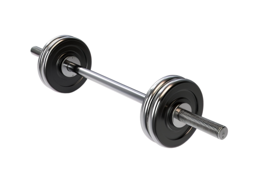 Silver barbell with black weights isolated on a transparent background